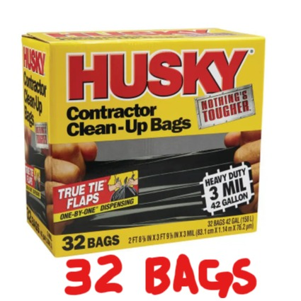 42 Gal Black Husky 3-Mil Contractor Trash Bag, 32-Count