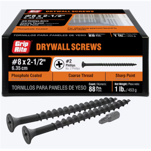 Grip-Rite Drywall Screws #8 x 2-1/2 in Coarse Thread Bugle (88 Pack)
