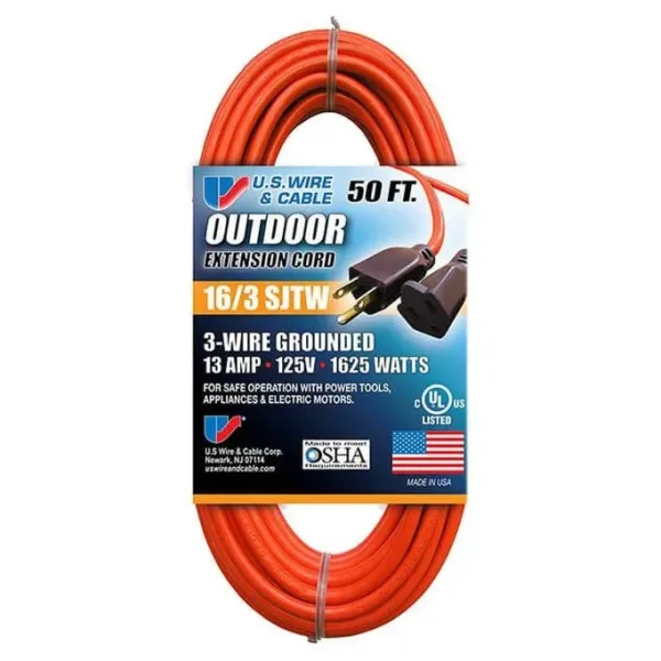 US Wire & Cable Outdoor Extension Cord 50 ft 16/3 SJTW Orange