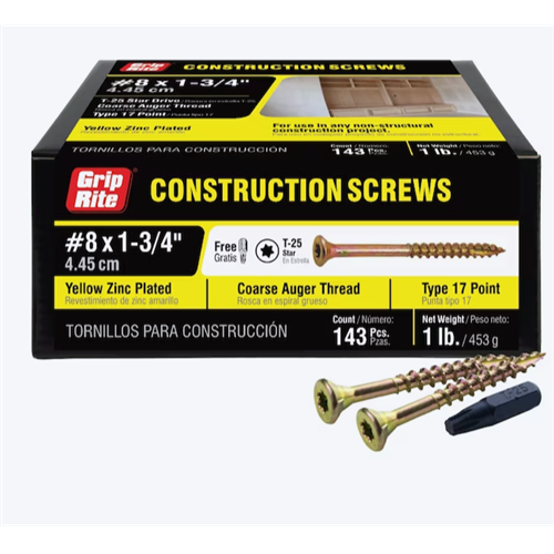 Grip-Rite Construction Screws #8 x 1-3/4 in Yellow Zinc (143 ct)