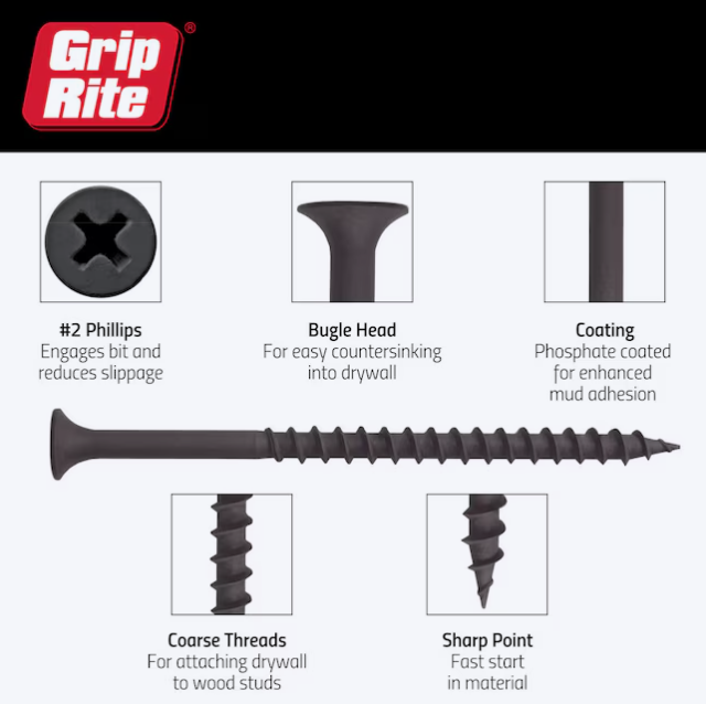 Grip-Rite Drywall Screws #6 x 1-5/8 in Coarse Thread Bugle (189 Pack)