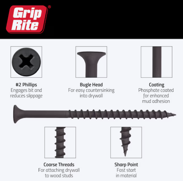 Grip-Rite Drywall Screws #8 x 2-1/2 in Coarse Thread Bugle (88 Pack)