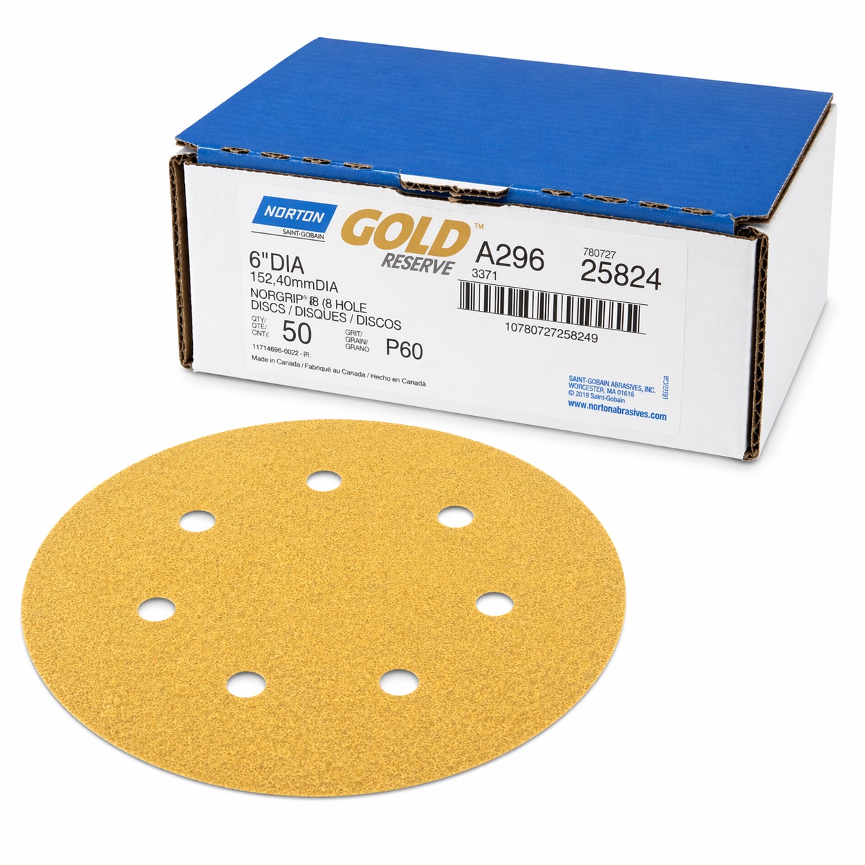 Norton Gold Reserve Hook & Loop Sanding Disc 6 in 60 Grit (50/Box)