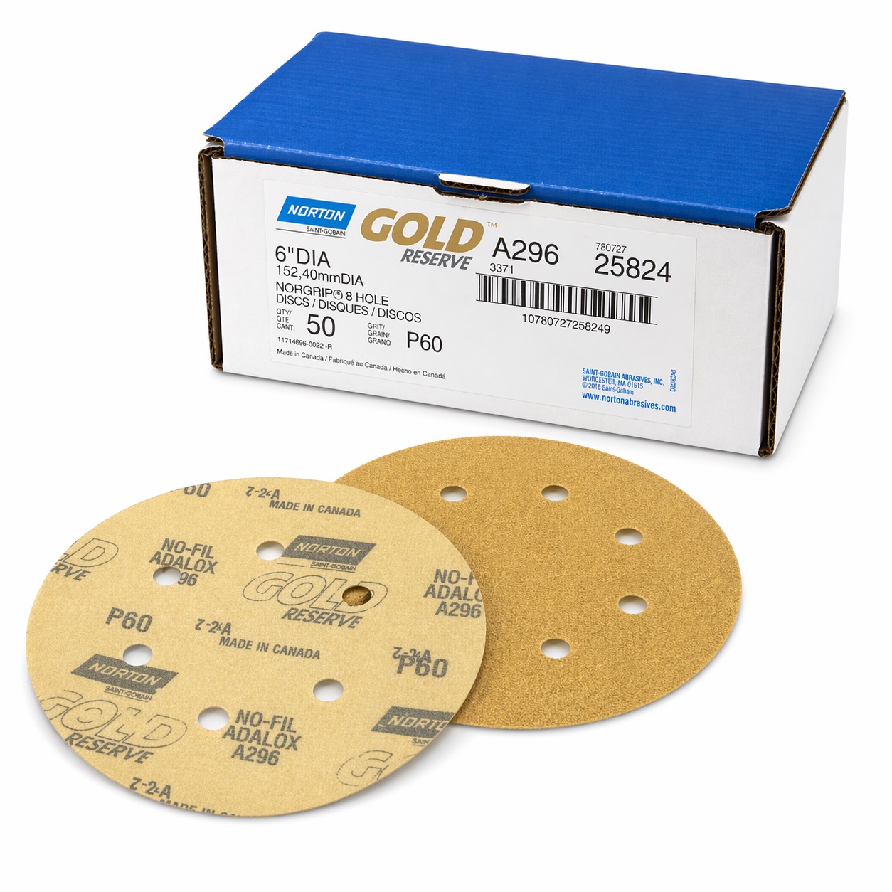 Norton Gold Reserve Hook & Loop Sanding Disc 6 in 60 Grit (50/Box)