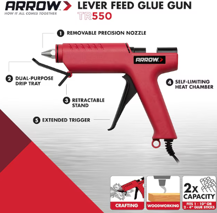 Arrow TR550 All Purpose Glue Gun - Drip-Resistant Nozzle, Integrated Drip Tray, Built-in Stand - UL Safety Listed