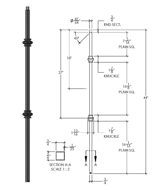 2857 MEGA Double Knuckle Iron Baluster 1/2